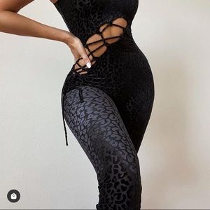 Naked Wardrobe Lace-Up Animal Print Cutout Jumpsuit, Size XS